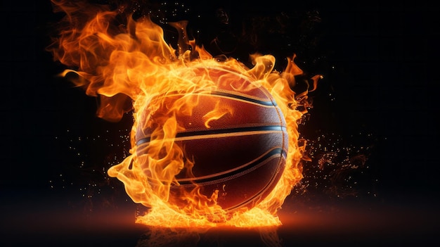 A basketball engulfed in flames against a dark backdrop