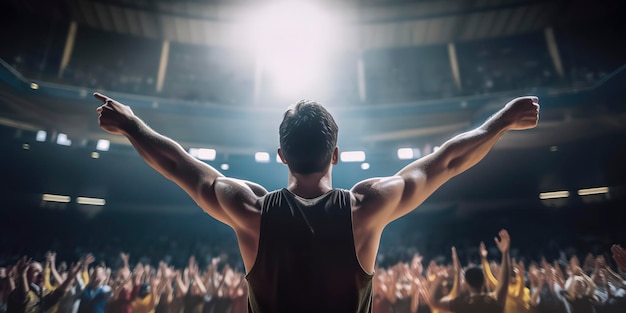 Basketball fan in the stands of a basketball stadium raising his arms cheering for his team