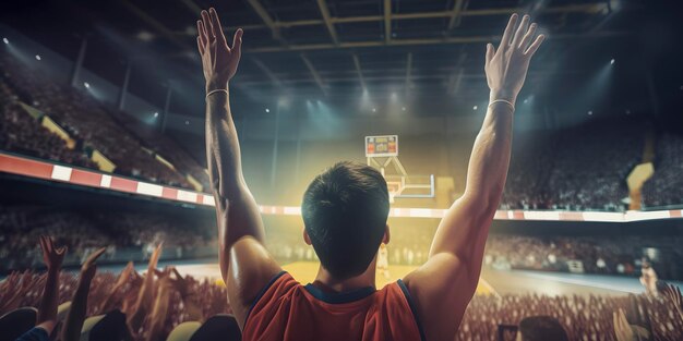 Photo basketball fan in the stands of a basketball stadium raising his arms cheering for his team