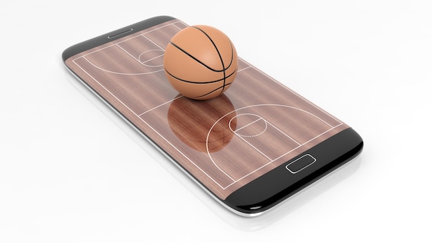 Basketball field with ball on smartphone edge display isolated on white