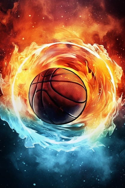 A basketball and fire ball are surrounded by fire and the word basketball.
