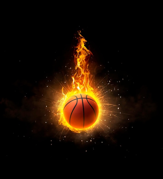 Basketball on fire on black background