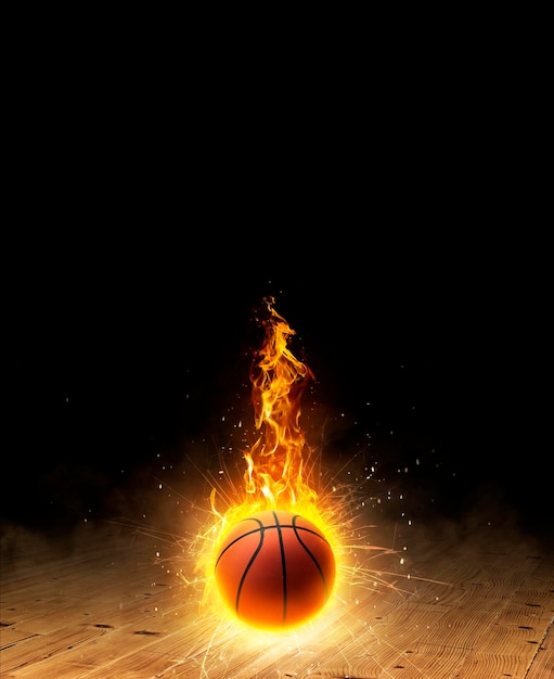 Basketball on fire a dark background on a hardwood gym floor