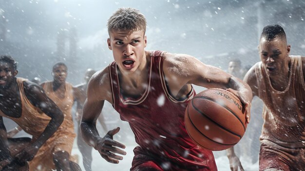 Basketball game frozen in time