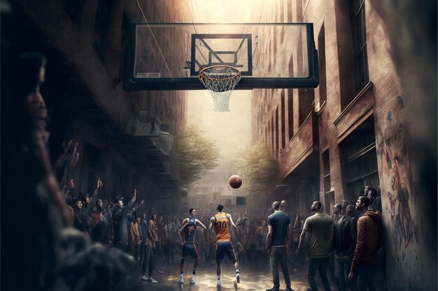 a basketball game is being played in a dark alley.