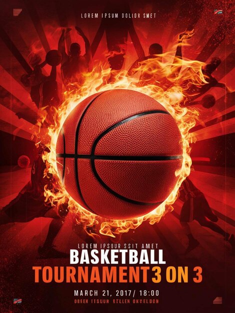 a basketball game is being played on a poster with a fireball on it