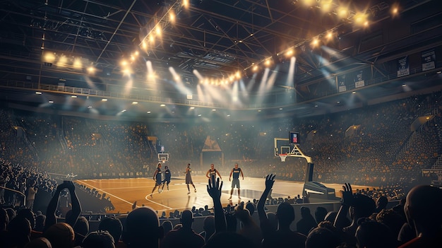 Photo basketball game in a large arena with a crowd of spectators the players are in the foreground and the crowd is in the background