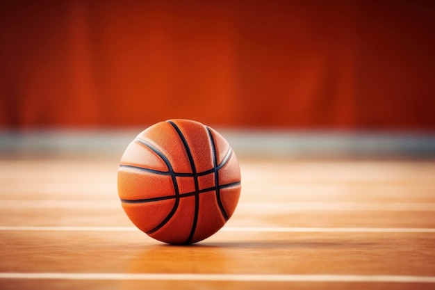 Basketball on glossy hardwood court floor