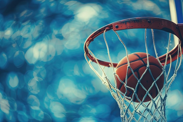 A basketball going through the net of a basketball hoop