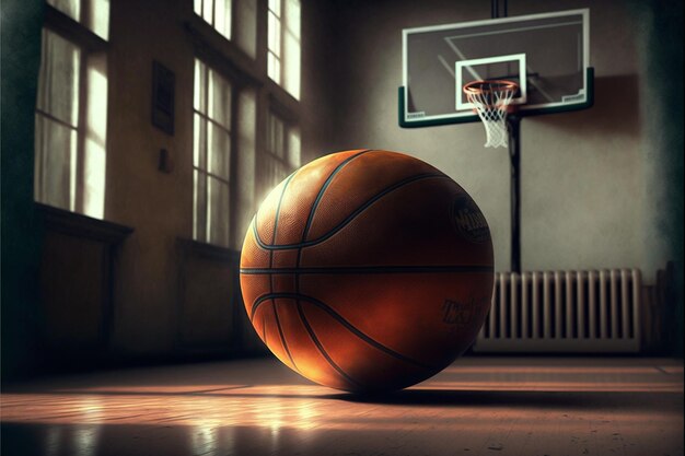 basketball in a gym with a basket ball on the floor.