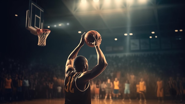 Basketball on hand of player shooting basket in gym