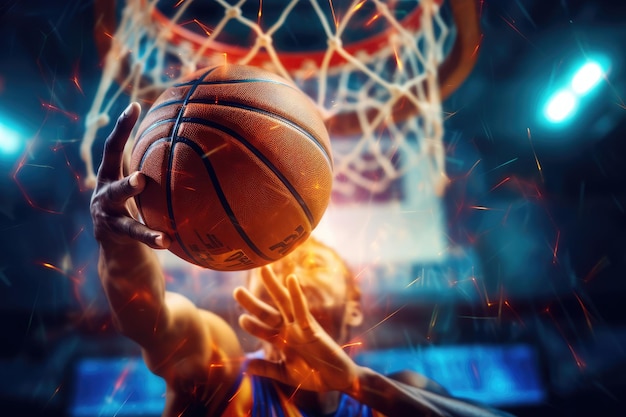 Баскетбол в руке игрока, стреляющего в корзину в тренажерном зале