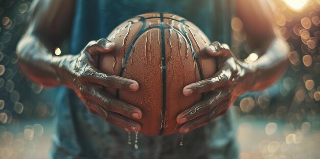 Photo the basketball in the hands of the basketball player