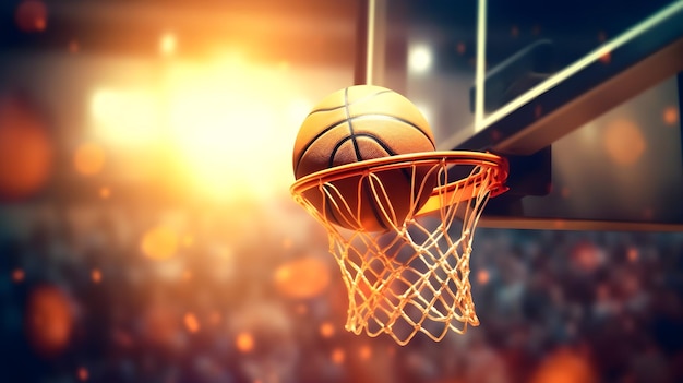 Basketball hitting the net with blur bursting light background