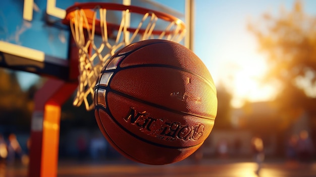 Basketball hoop and ball on a basketball sports court