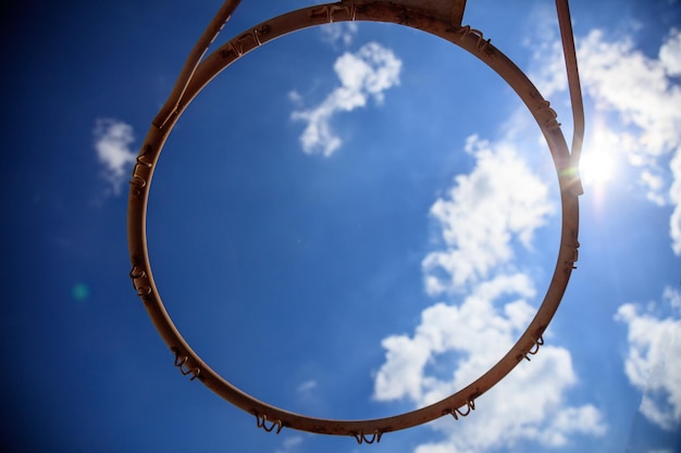 Basketball hoop on blue sky background