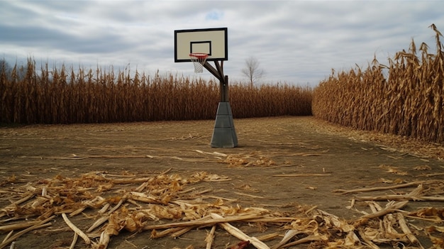 曇り空のトウモロコシ畑にあるバスケットボールのフープ。