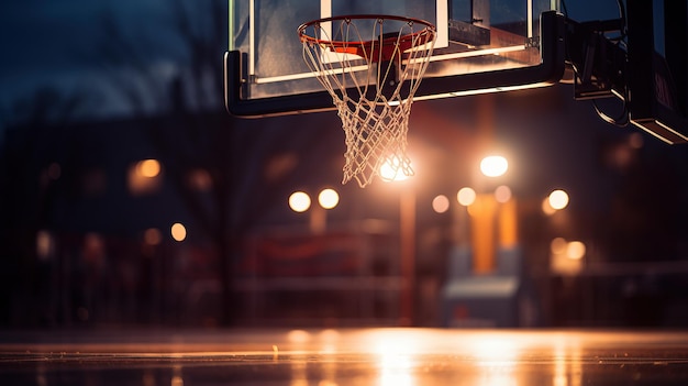 Баскетбольный обруч прикреплен к стеклянной задней доске с огнями стадиона