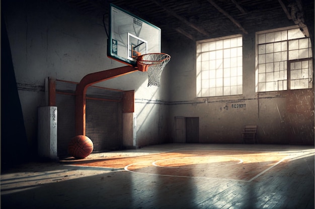 a basketball hoop is hanging from the ceiling in a gym