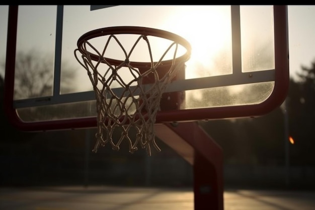 A basketball hoop is shown with the sun shining on it.