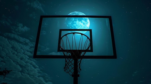 Foto silhouette di un cerchio da basket contro un cielo notturno con la luna piena