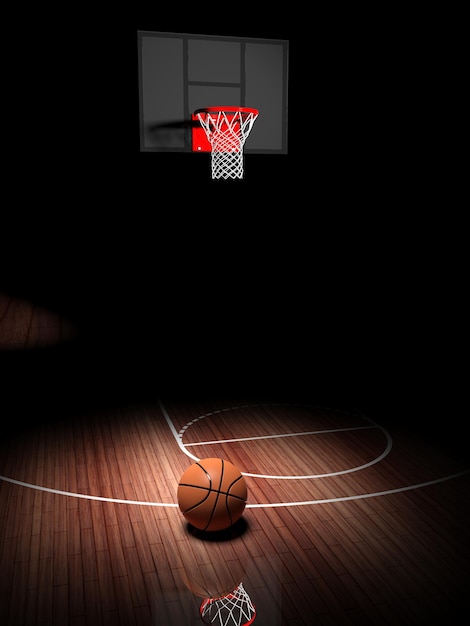 Basketball hoop with ball on wooden court floor