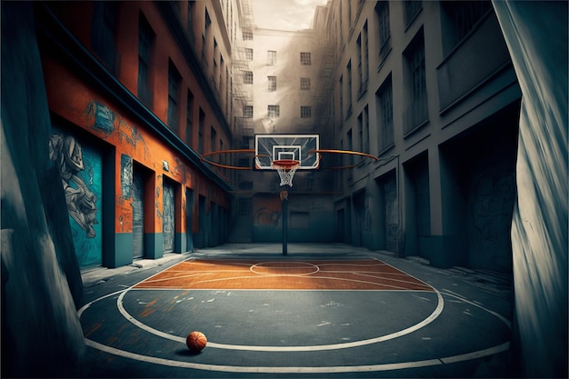 a basketball hoop with a basketball on the floor.