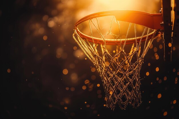 a basketball hoop with a net in the dark