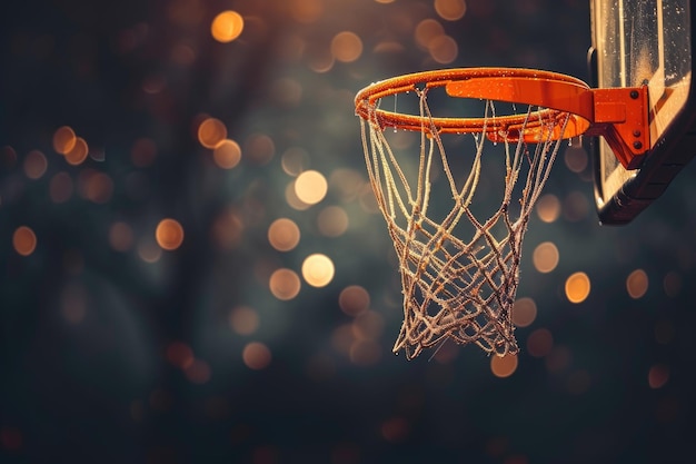 a basketball hoop with a net in the dark