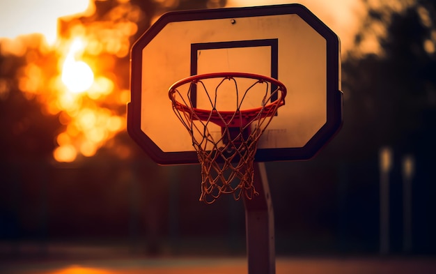 A basketball hoop with the sun setting behind it