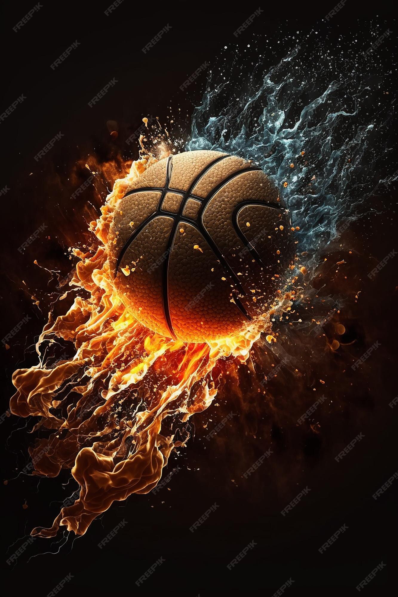 Poster Basketball ball in fire flames and splashing water 