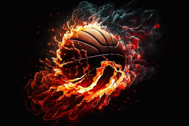 A basketball is surrounded by flames dark black background