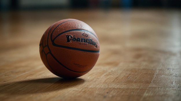 a basketball is on a wooden table with a wooden surface
