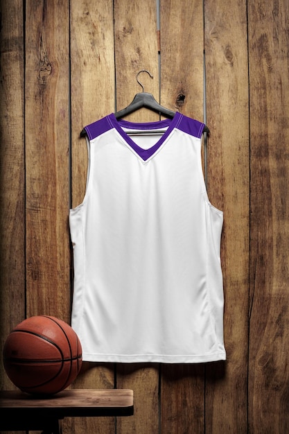 Foto maglietta da basket su appendiabiti su sfondo di legno