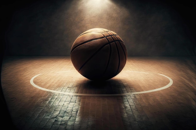 Basketball lying on wooden floor of basketball court and illuminated by spotlights generative ai