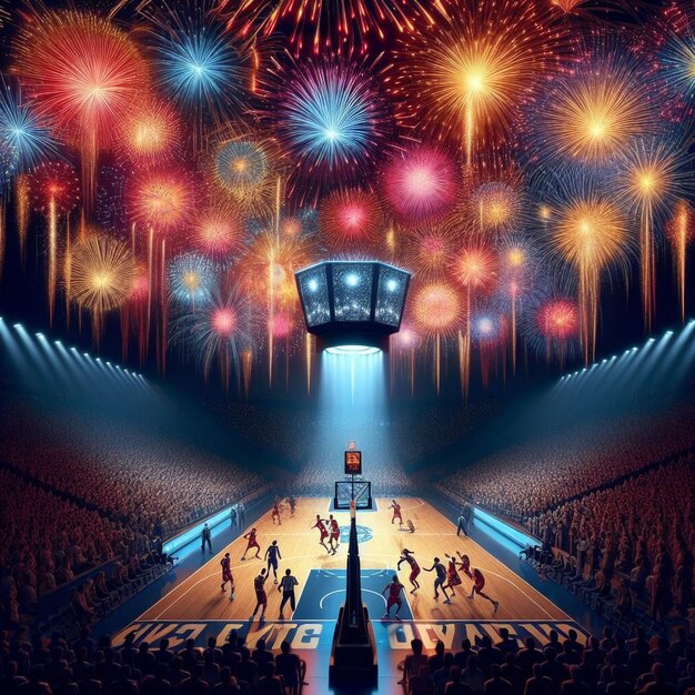 Photo basketball match unfolds beneath a canvas of exploding fireworks ai generated