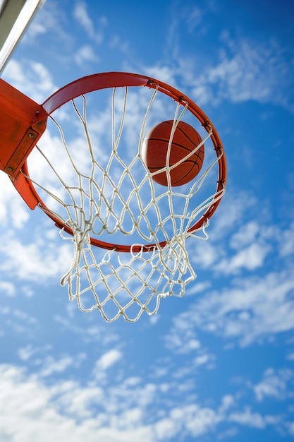 Photo a basketball midair on its way to scoring a point through a net on an outdoor court under a blue sky