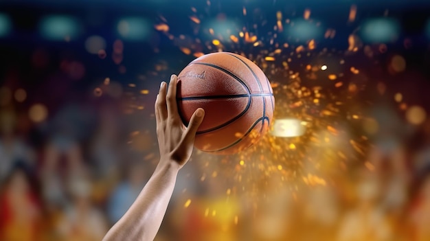 Фото Баскетбол на руке игрока, стреляющего в корзину в тренажерном зале генеративный ии