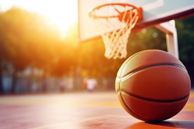 Photo basketball on outdoor court with hoop in background 3x3 professional basketball