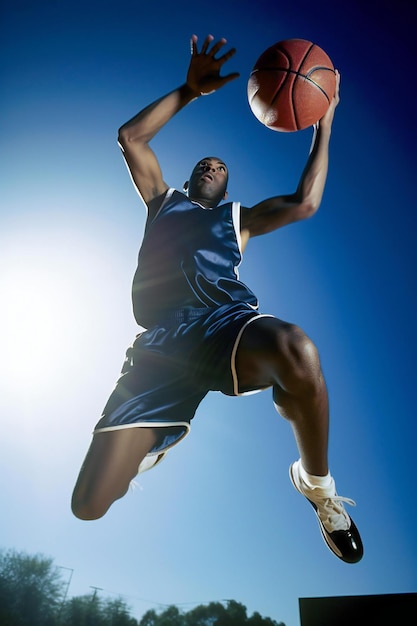 A basketball player in a blue jersey