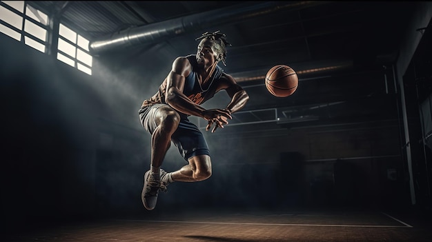 Basketball player in a dark room with a spotlight on his shirt and shorts.