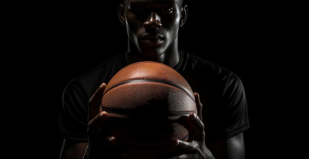 basketball player holding a ball on black background