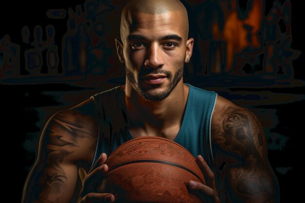 Basketball player holding a ball Portrait of a strong sportsman in a club uniform on black background with copyspace