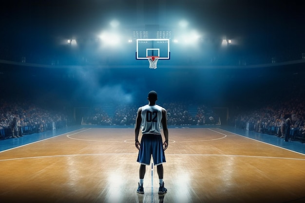 A basketball player is standing on the court with the word b on his back.