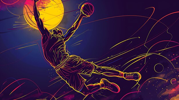 Basketball player jumping high in the air to score a basket The background is a dark blue night sky with a bright yellow moon