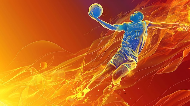 Basketball player jumping high to make a slam dunk The background is made of bright orange and yellow flames