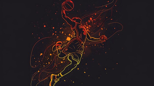 Photo basketball player jumping to score abstract background with glowing red and orange lines