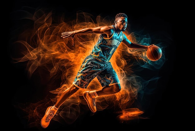 a basketball player playing in a dark background with a flame