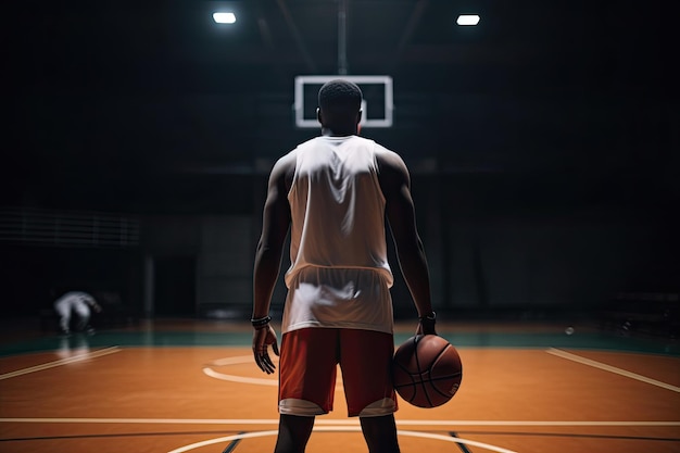 농구 및 스포츠 선수 개념 백 뷰를 위해 연습하고 포즈를 취하는 농구 선수 농구 AI 생성과 함께 서 있는 농구 선수 전체 후면 보기