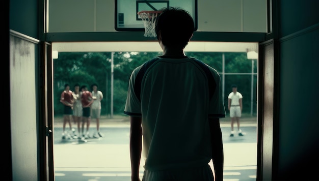 A basketball player stands in front of a basketball hoop and watches the game.